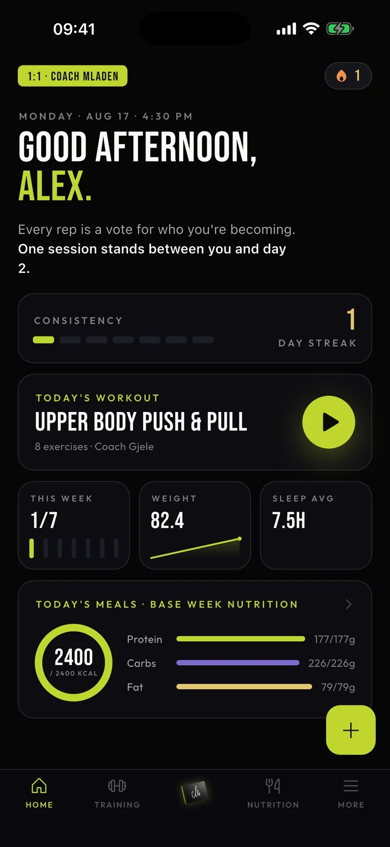 Home screen with today's workout, streak and meals